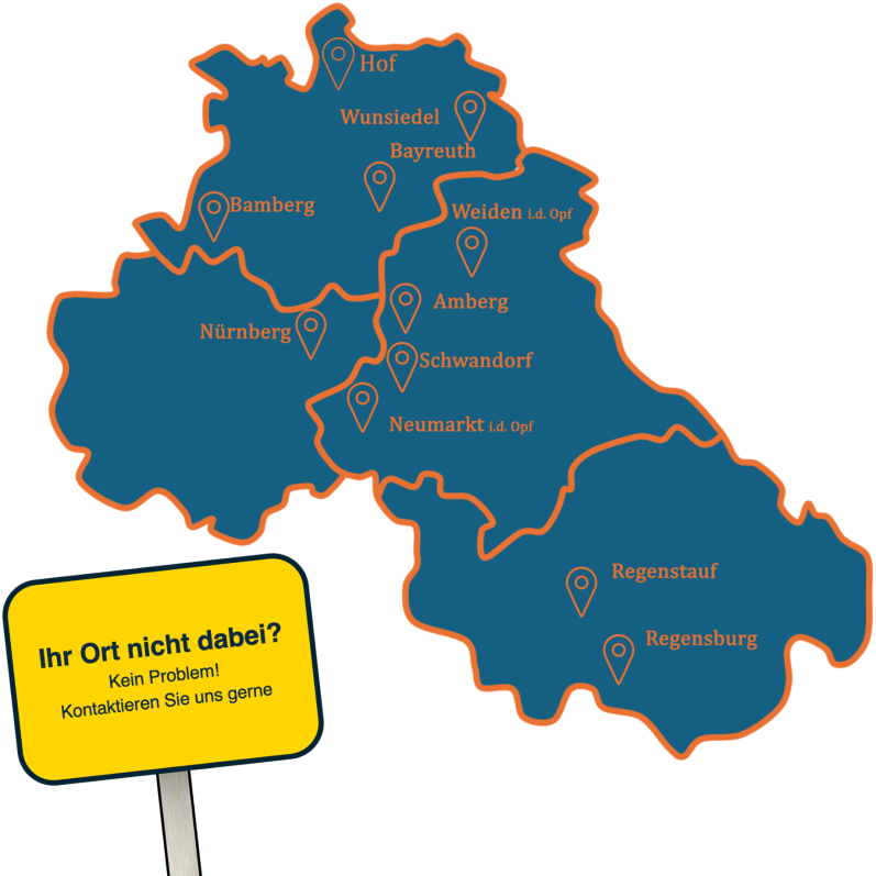 Bayerische Landkarte mit den möglichen Orten. Daneben ein Schild mit dem Hinweis "Ihr Ort nicht dabei? Kein Problem! Kontaktieren Sie uns